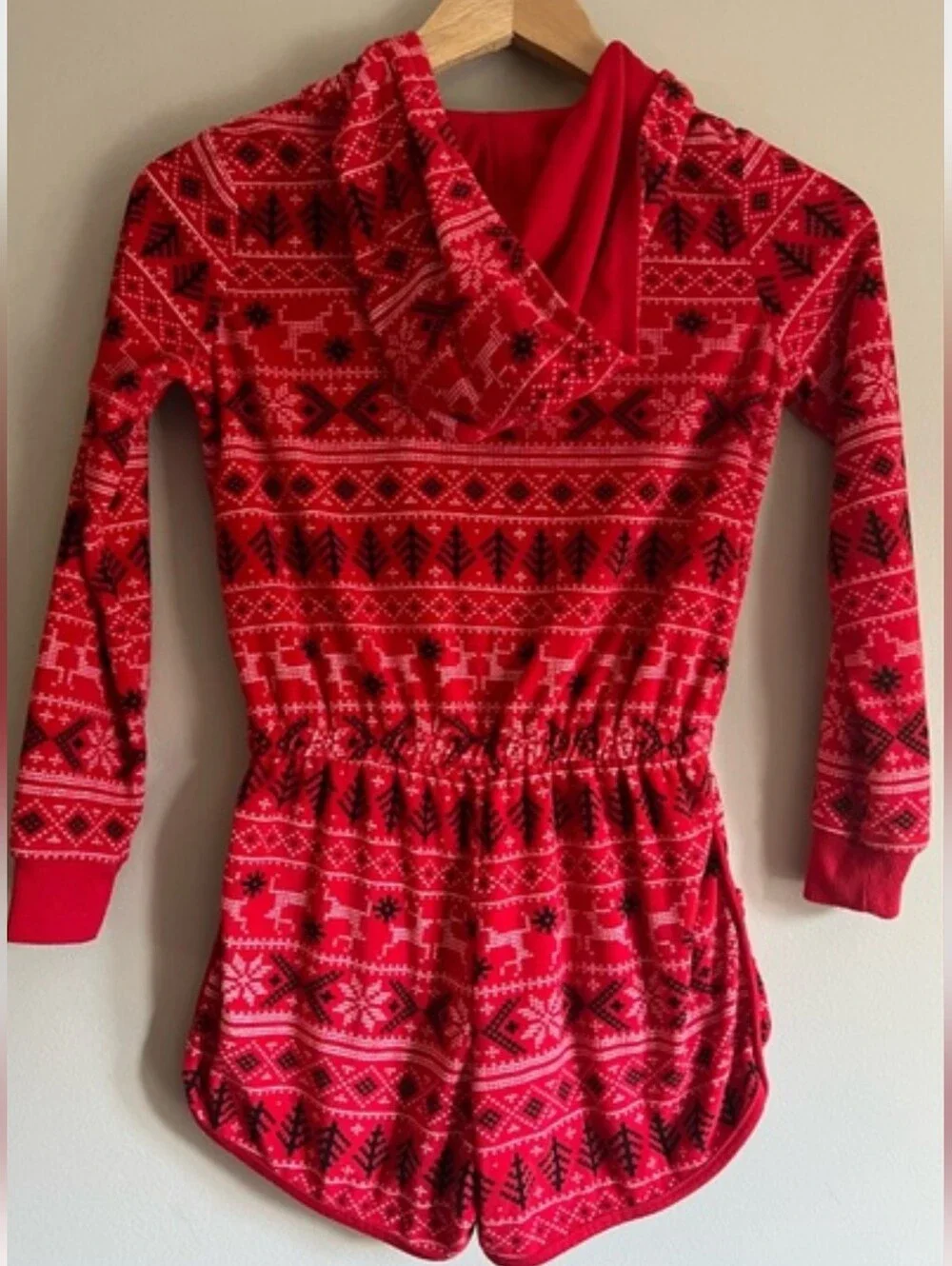Girls PJ romper Size 10/12 Red Fair Isle Geometric Festive Print